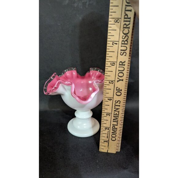 vintage Fenton Pink Ruffled Edge Milk Glass Vase 5.5" Pedestal Base Estate - Picture 7 of 9